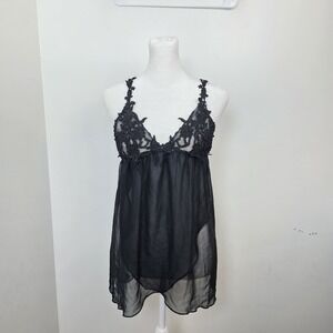 Jonquil Black Floral Sheer Babydoll Gothic Feminine Linerie Tank Top Size Small‎
